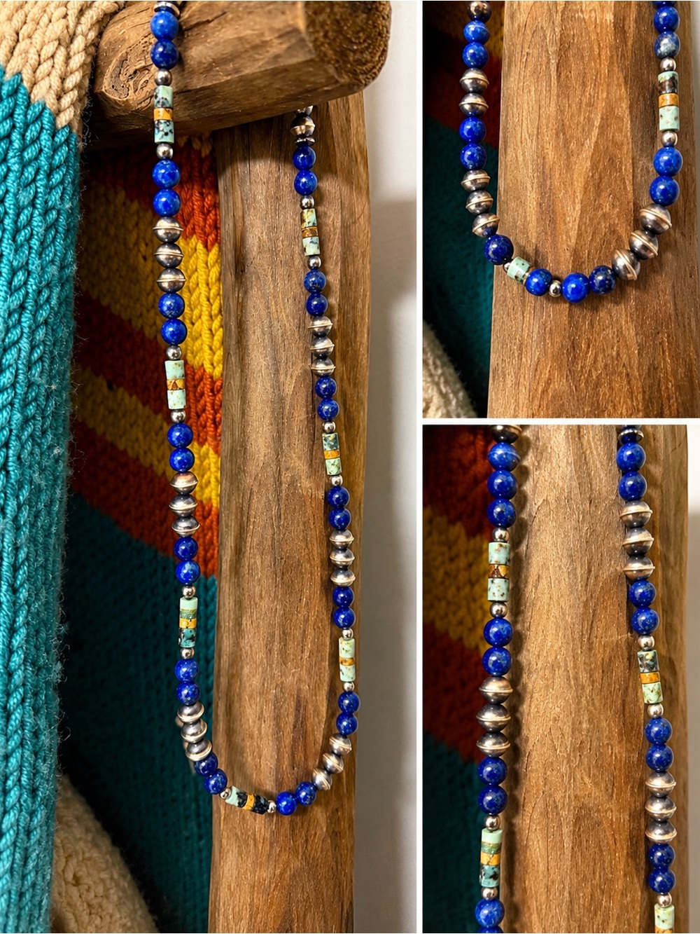18" NAVAJO Pearl Lapis Lazuli Turquoise Southwest Bench Beads Silver Necklace